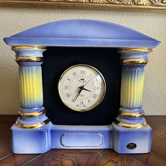 VTG Italian Mantle Clock‎ Blue Yellow Gold Accent Vase Porcelain Works Video - Picture 3 of 13